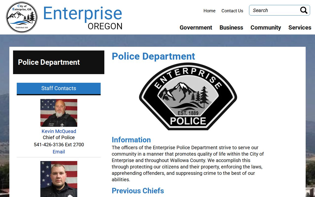 Enterprise criminal records information from the Enterprise Police Department
