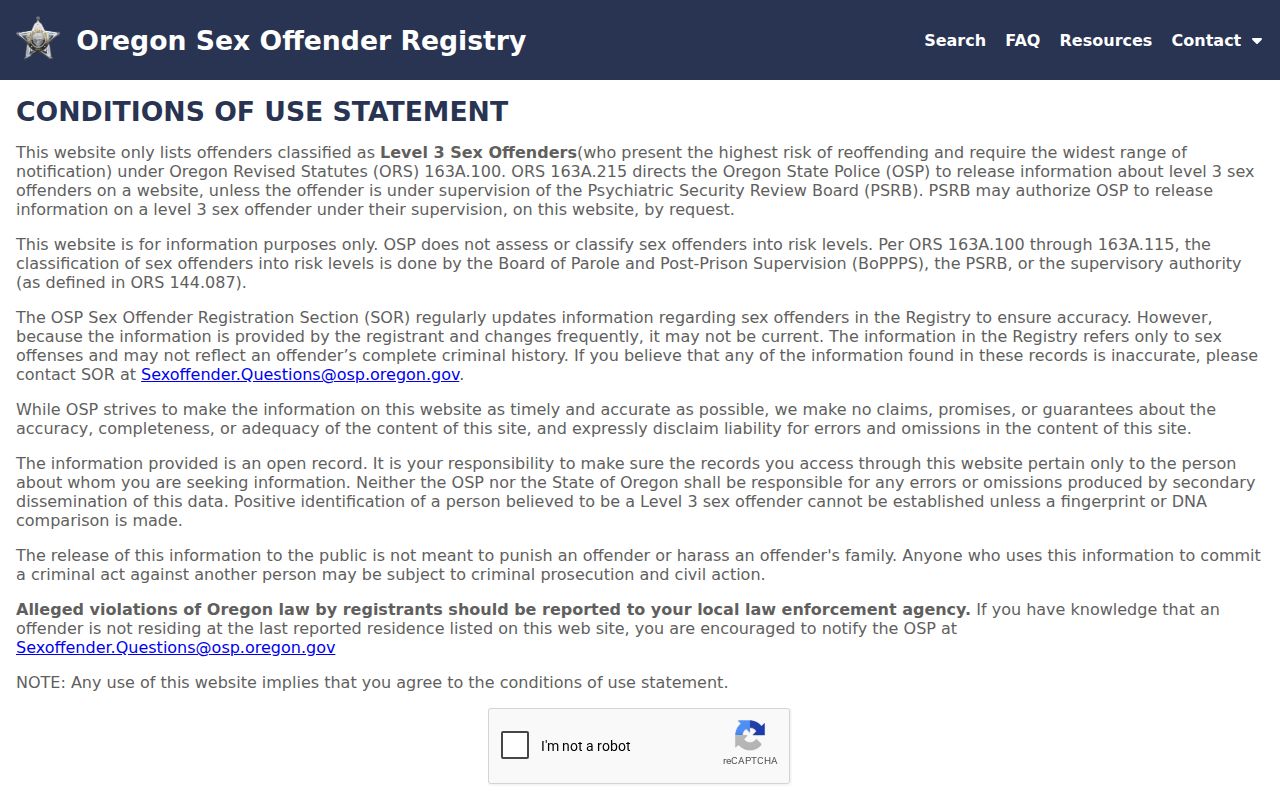 Wallowa County sex offender search Oregon registry interface